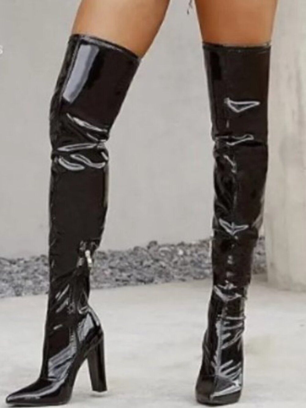NEW WSKEISP Black Patent Over The Knee Boots Sz 11/11.5